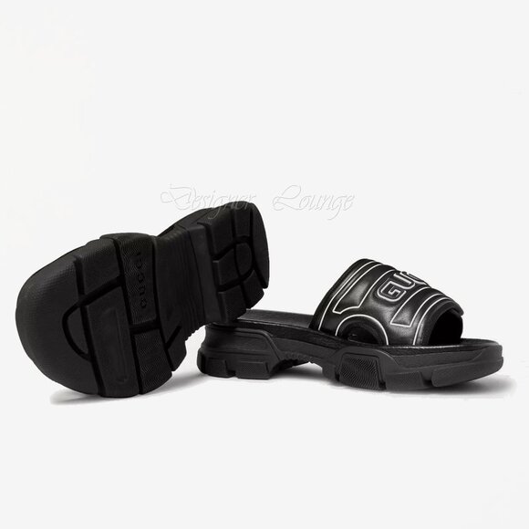 NEW GUCCI Aguru Black Leather & Rubber Logo Sandals Slides G 11 / US 11.5 main image 6